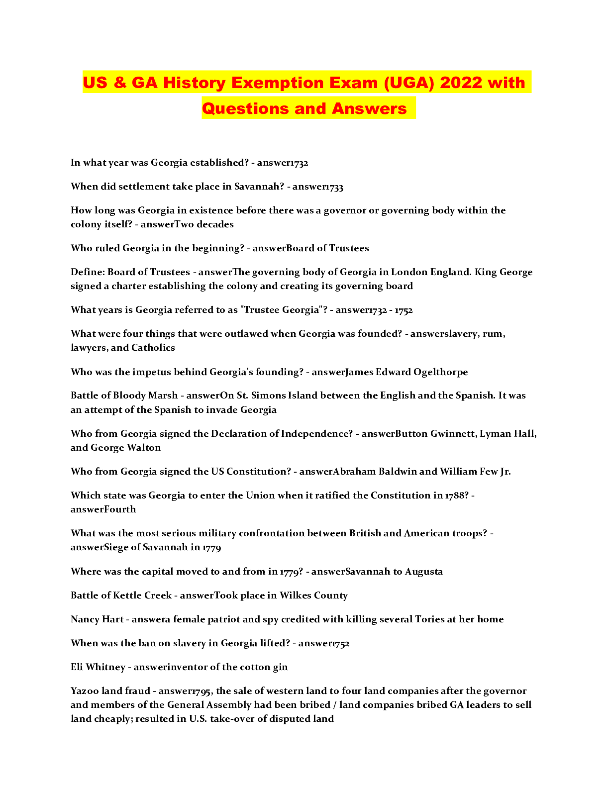 US & GA History Exemption Exam (UGA) 2022 with Questions and Answers